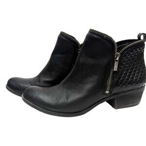 Lucky Brand Booties Black Leather Boho Ankle Boots Textured Zip Moto Women's 8.5